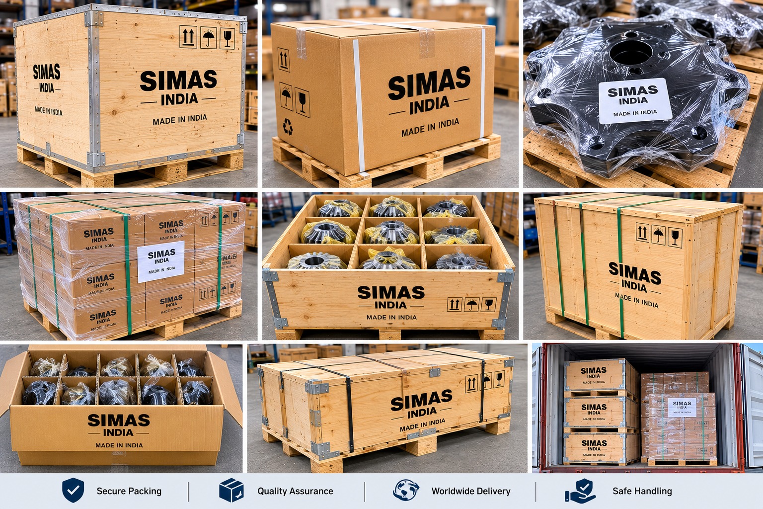 Simas India export packaging: timber crates, cartons and shrink-wrapped pallets stencilled SIMAS INDIA, Made in India, with handling symbols