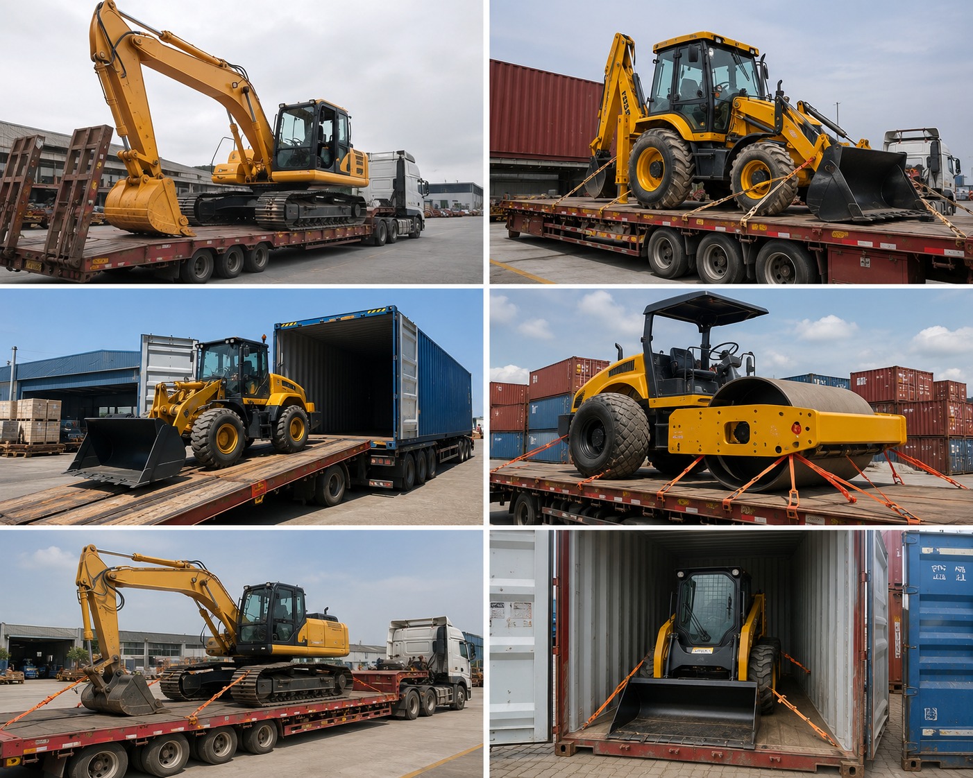 Construction machinery loaded for dispatch: excavators, a backhoe loader, a wheel loader, a road roller and a skid-steer strapped to flatbed trailers and inside containers